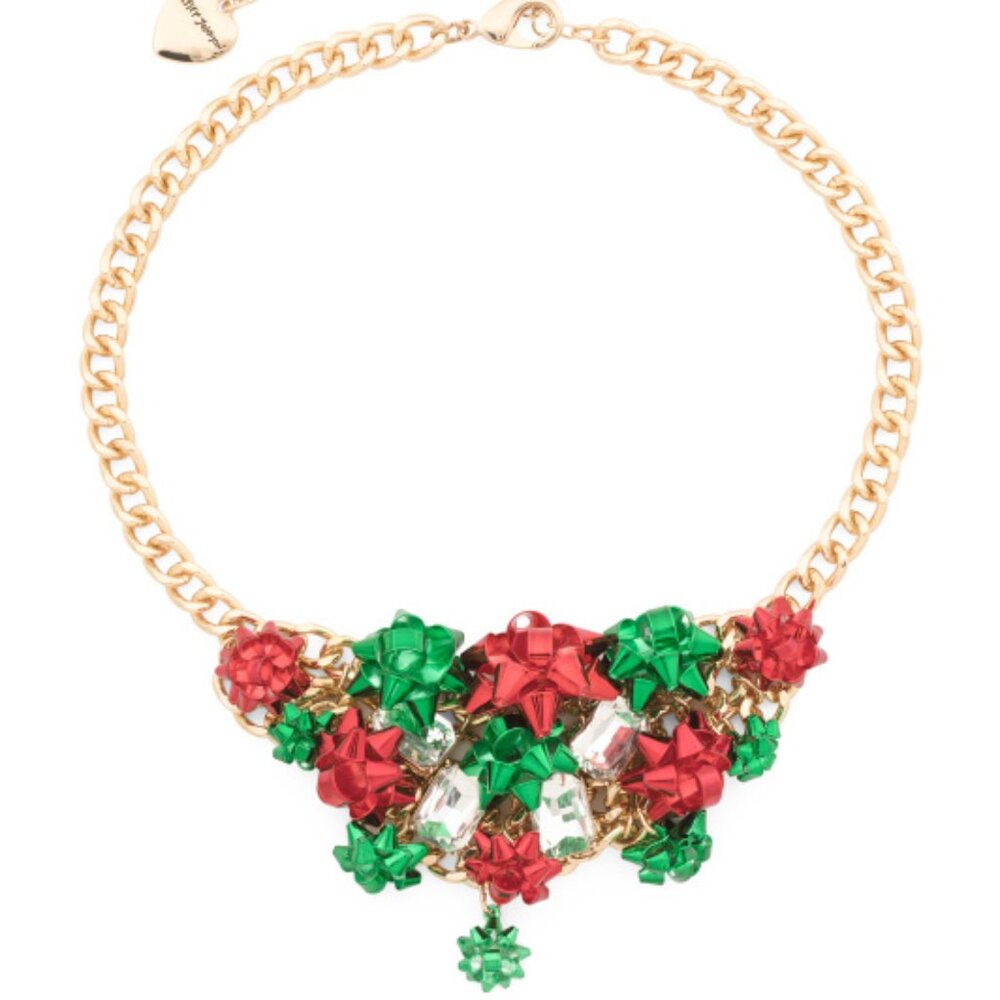 NEW Betsey Johnson Christmas Holiday Bow Bib Necklace Crystal Red Green …